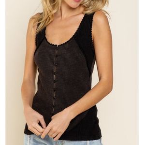 POL Charcoal Black Button Up Ribbed Knot Tank